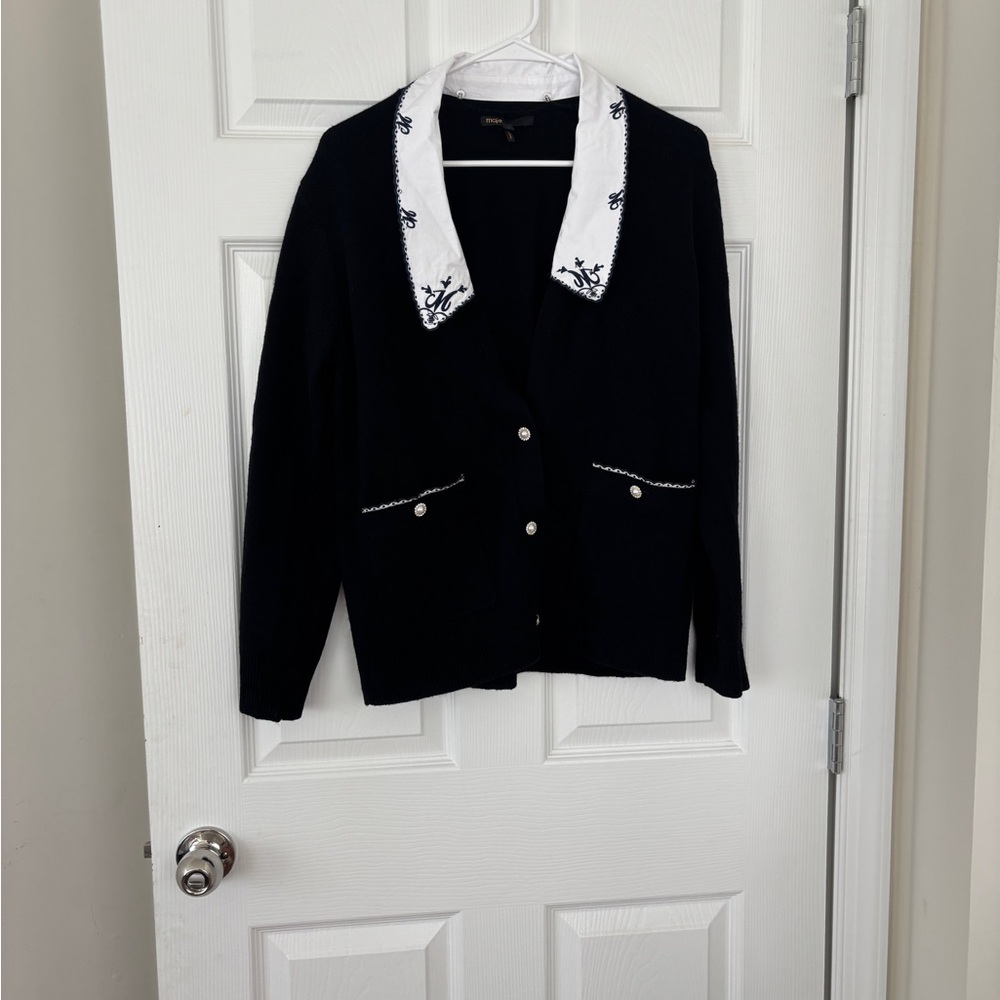 Maje Black Cardigan with Embroidered White Collar